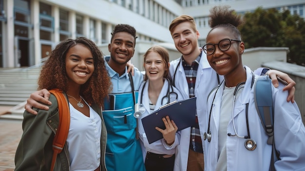 Foto retrato de um grupo diversificado de estudantes de medicina com um grande fundo borrado e espaço para texto ou produtos ia geradora