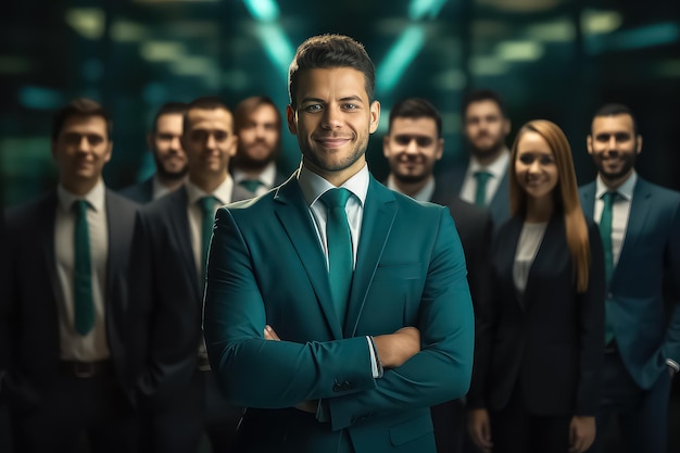 Retrato de um grupo sorridente de diferentes pessoas de negócios em fila em um escritório moderno e brilhante