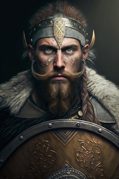 Retrato de um guerreiro eslavo segurando um escudo Generative AI