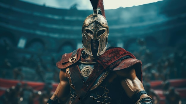 Foto retrato de um guerreiro gladiador na arena pronto para lutar