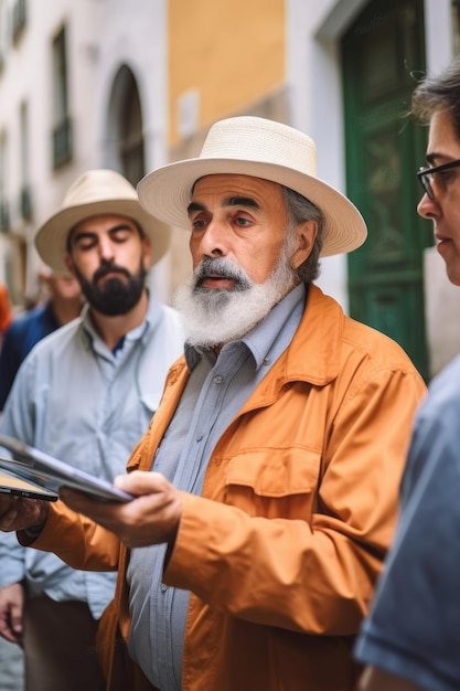 Retrato de um guia turístico mostrando algo a seus clientes em um tablet durante sua visita à cidade