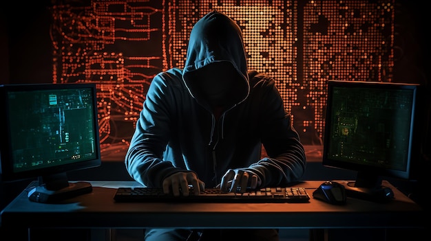 Retrato de um hacker robótico anônimo Conceito de hacking de cibersegurança