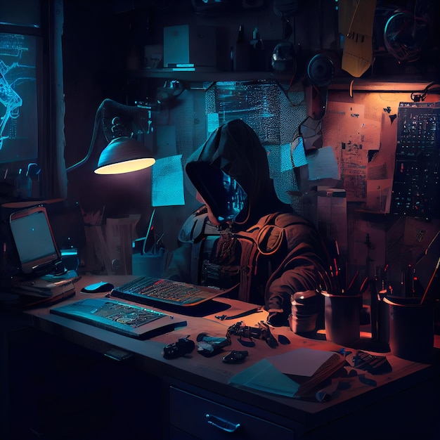 Retrato de um hacker scifi cyberpunk Homem futurista de alta tecnologia do futuro