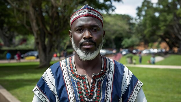 Foto retrato de um homem africano em roupas tradicionais no parque