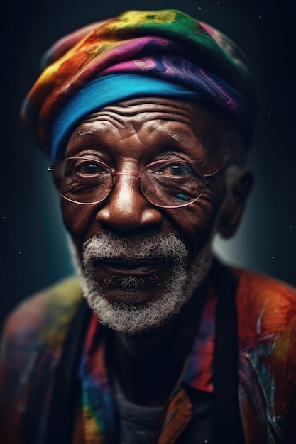 retrato de um homem africano mais velho com óculos e chapéu com expressão facial gentil IA generativa