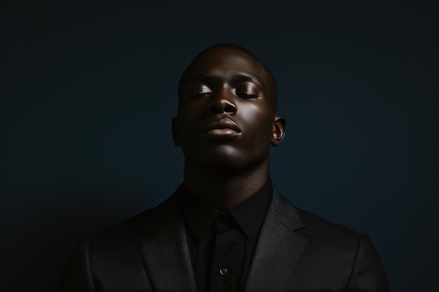 Retrato de um homem afro-americano bem sucedido e confiante com os olhos fechados em um terno em um estilo de revista de fundo escuro