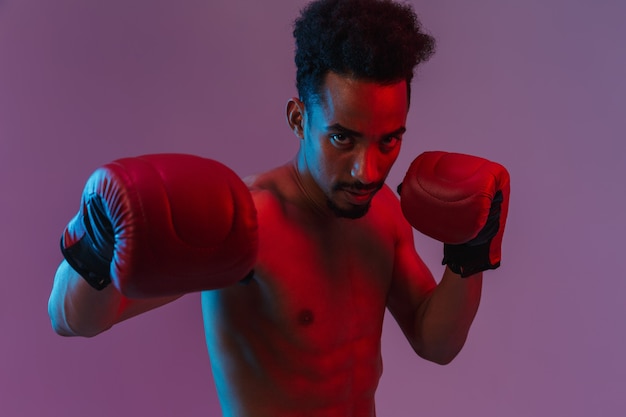 Retrato de um homem afro-americano bonito seminu posando com luvas de boxe isoladas sobre a parede violeta