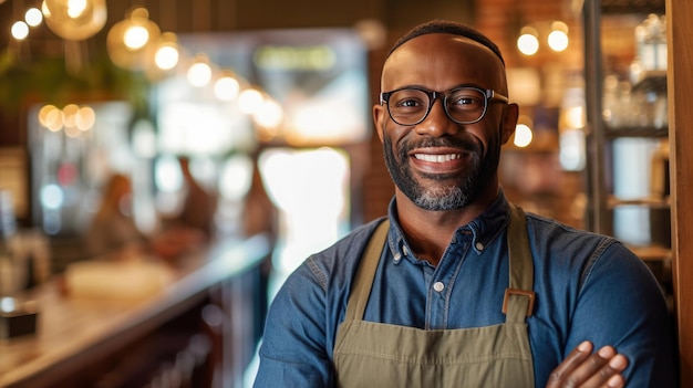 Retrato de um homem afro-americano feliz parado na porta de sua loja Garçonete madura alegre esperando por clientes na cafeteria Proprietário de pequena empresa Generative Ai