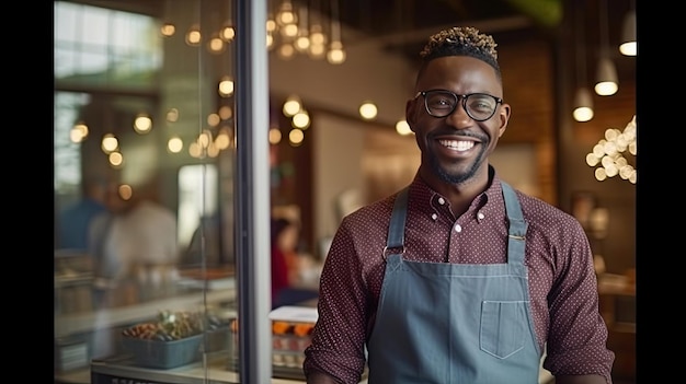 Retrato de um homem afro-americano feliz parado na porta de sua loja Garçonete madura alegre esperando por clientes na cafeteria Proprietário de pequena empresa Generative Ai