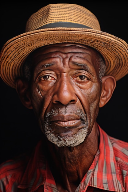 Retrato de um homem afro-americano idoso vestindo um chapéu de palha