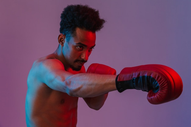 Retrato de um homem afro-americano seminu masculino posando com luvas de boxe isoladas sobre uma parede violeta