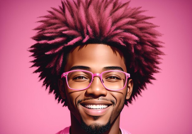 Retrato de um homem afro-americano sorridente com penteado afro usando óculos cor de rosa