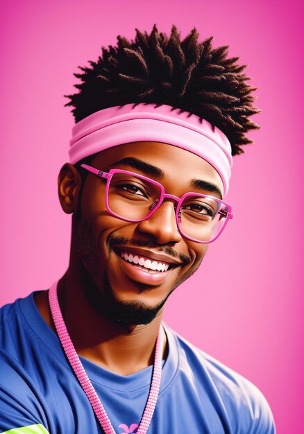 Retrato de um homem afro-americano sorridente com penteado afro usando óculos cor-de-rosa