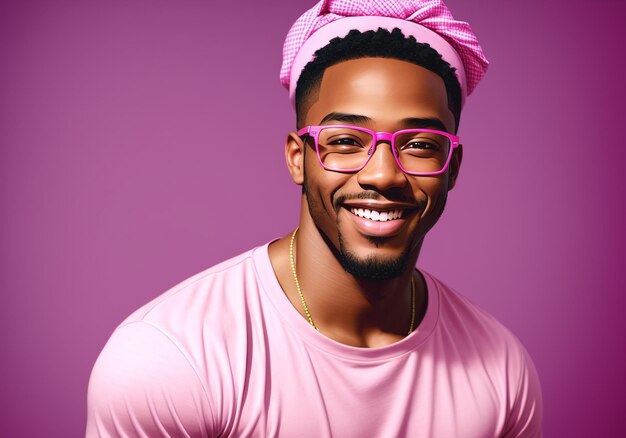 Retrato de um homem afro-americano sorridente com penteado afro usando óculos cor-de-rosa