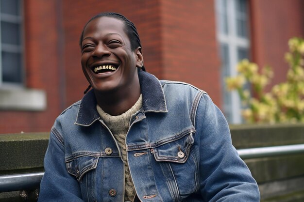 Retrato de um homem afro-americano sorridente em jaqueta de jeans