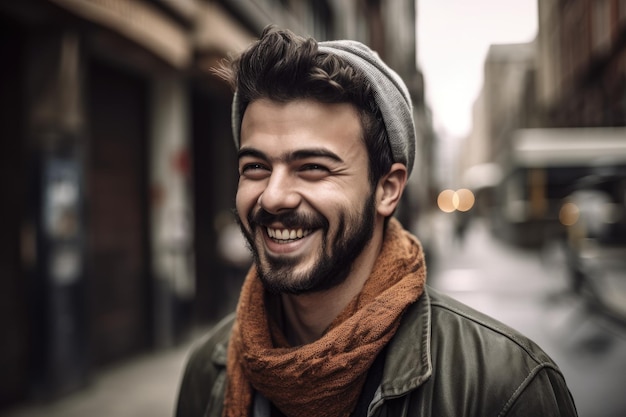 Retrato de um homem alegre em um ambiente urbano criado com IA generativa