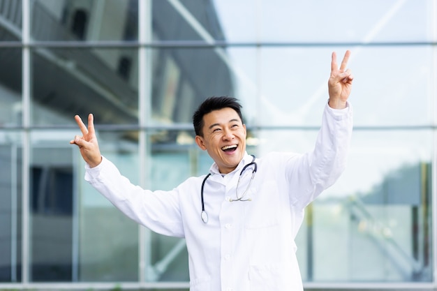 Retrato de um homem alegre médico asiático dançando feliz com os resultados do trabalho feito no fundo de uma clínica moderna do lado de fora