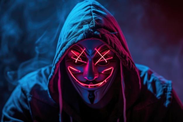 Retrato de um homem anônimo hacker usando máscara de néon sobre o fundo da sala escura