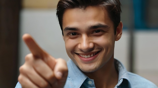 retrato de um homem apontando o dedo com um sorriso