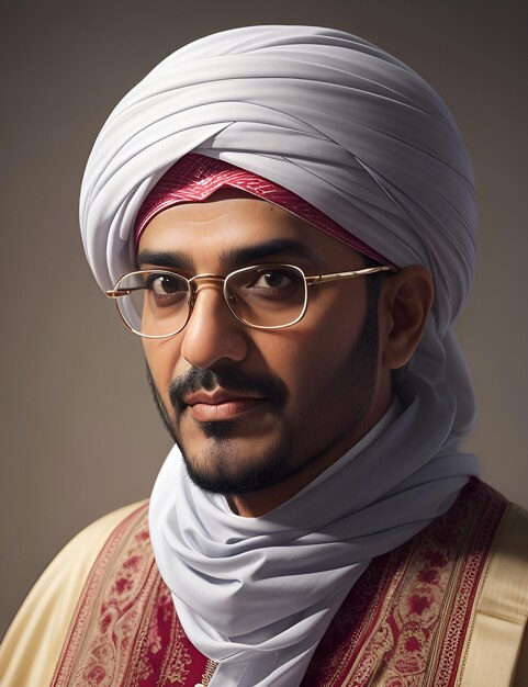 Retrato de um homem árabe no deserto vestindo roupas tradicionais e óculos de sol