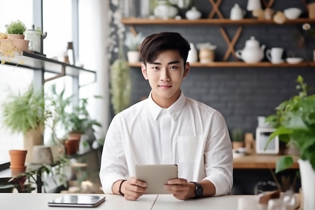retrato de um homem asiático dono de um café carregando um tablet