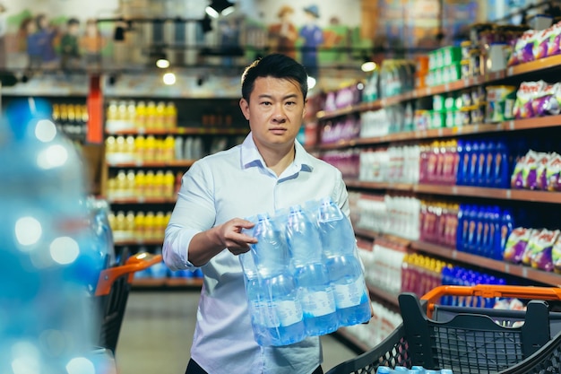 Retrato de um homem asiático em crise comprando água em um supermercado