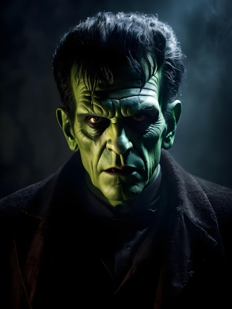 Retrato de um homem assustador de Victor Frankenstein em um fundo escuro Halloween