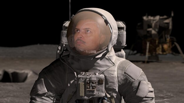 Foto retrato de um homem astronauta na lua usando capacete olhando para o globo terrestre em close do espaço sideral