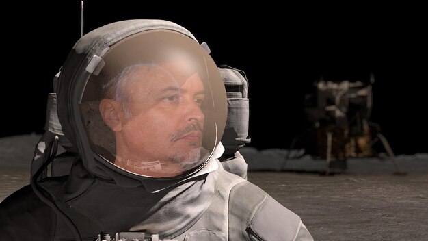 Retrato de um homem astronauta na lua usando capacete olhando para o globo terrestre em close do espaço sideral