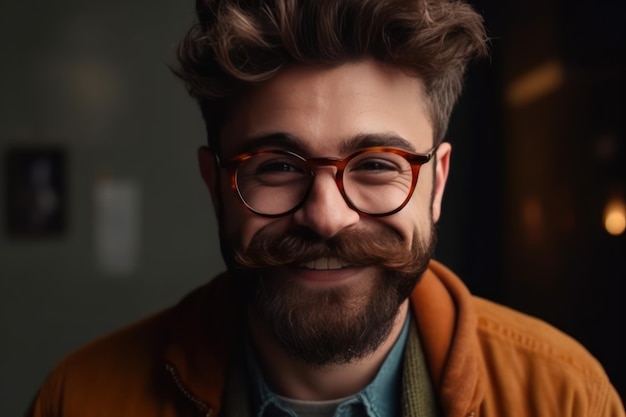 Retrato de um homem atraente e feliz com barba e bigode de penteado na moda ri alegremente de uma história engraçada