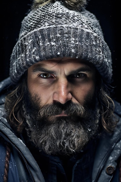 Retrato de um homem barbudo com um chapéu de inverno e jaqueta em um fundo preto