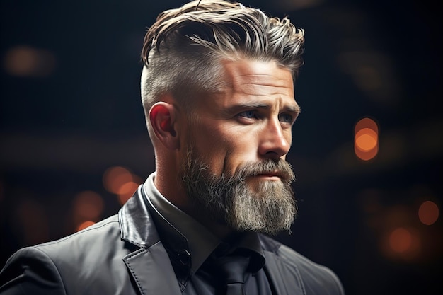 Retrato de um homem barbudo com um corte de cabelo elegante