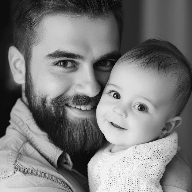 Foto retrato de um homem barbudo sorridente segurando um bebê