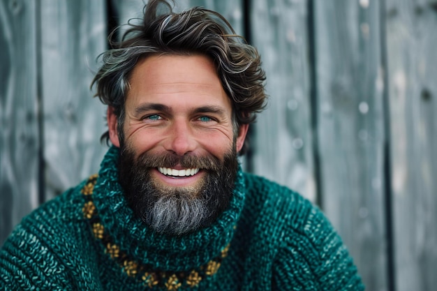 Foto retrato de um homem bonito com barba em um fundo de madeira