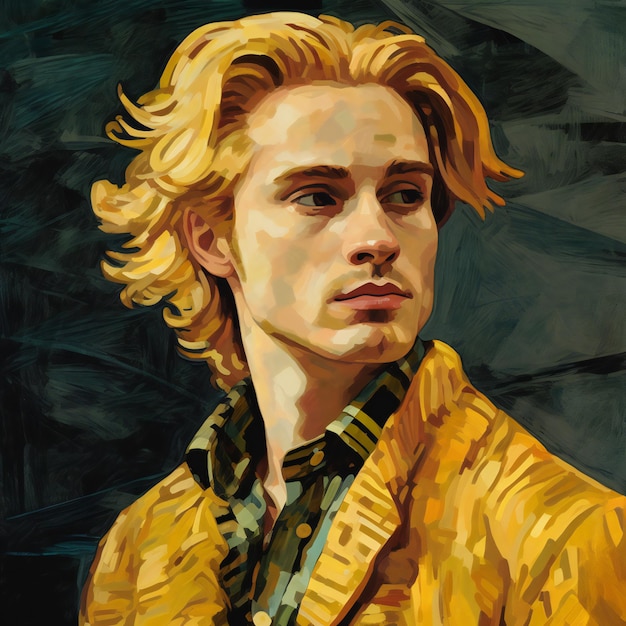 Retrato de um homem bonito com cabelo loiro em uma jaqueta amarela