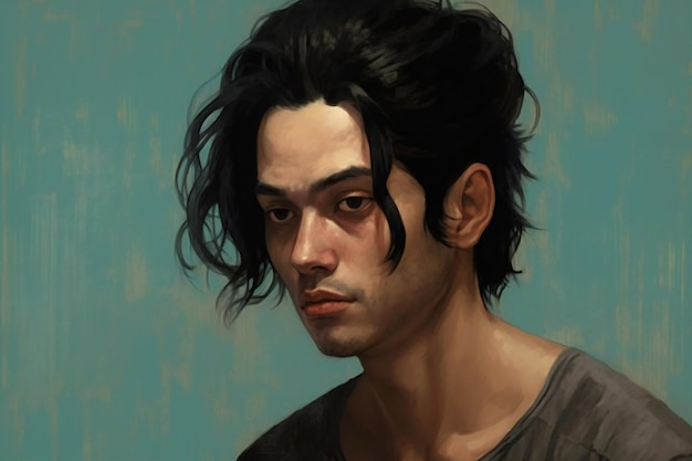 Retrato de um homem bonito com cabelo preto e fundo azul