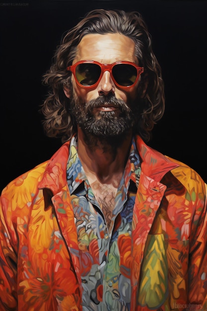 Foto retrato de um homem bonito com cabelos longos em uma jaqueta colorida e óculos de sol
