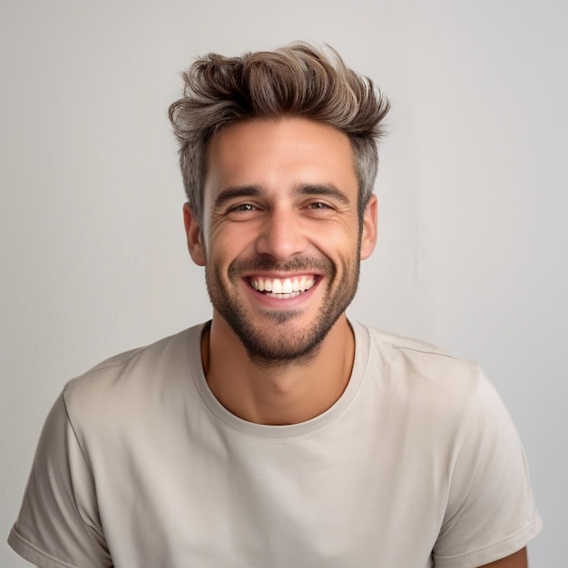 Retrato de um homem bonito com penteado escuro, cerdas e sorriso Imagem gerada por IA