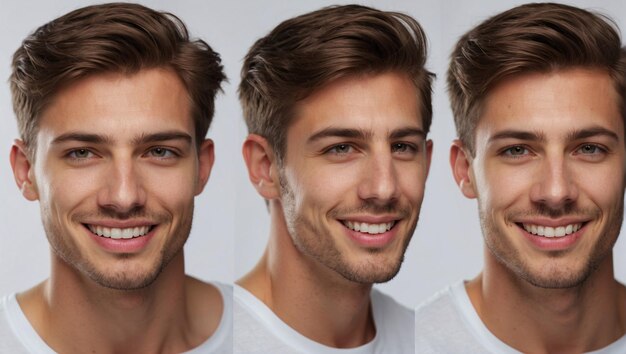 Foto retrato de um homem bonito de cabelo loiro vestindo uma camisa branca em um fundo branco