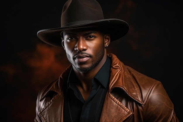 Retrato de um homem bonito de pele escura olhando para o lado vestido com um casaco castanho e chapéu preto