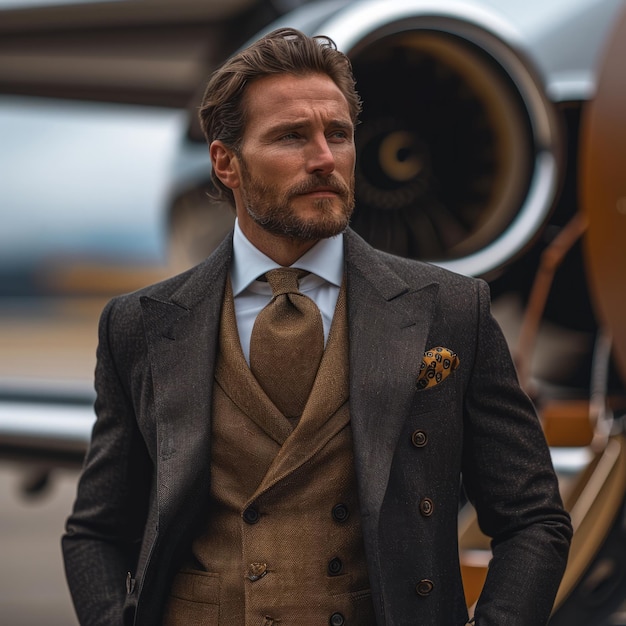 Retrato de um homem bonito de terno clássico de pé ao lado de um jato privado Homem de negócios de terno de negócios de pé junto a um avião e um avião