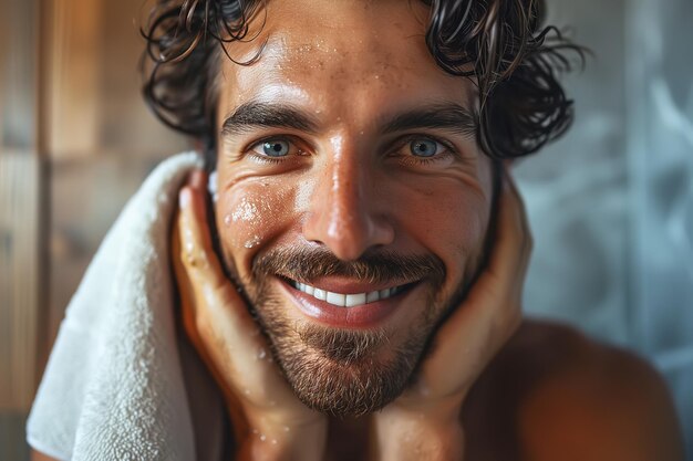 Foto retrato de um homem bonito e positivo lavando o rosto na casa de banho beleza masculina homem adulto sorridente com barba cuidando da pele facial e olhando para a câmera