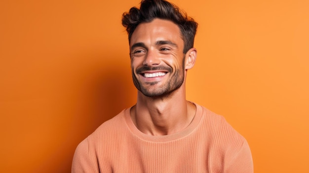 Retrato de um homem bonito e sorridente com um penteado elegante em um fundo colorido