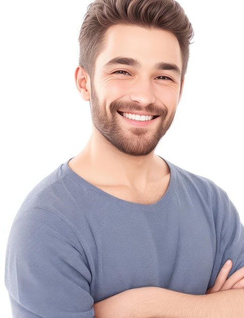 Retrato de um homem bonito e sorridente, vestindo uma camiseta isolada em fundo branco