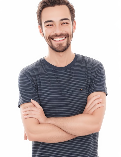 Retrato de um homem bonito e sorridente, vestindo uma camiseta isolada em fundo branco