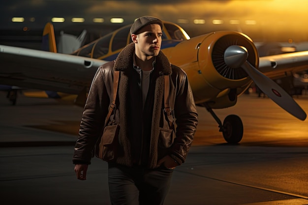 Retrato de um homem bonito em frente ao avião à noite Piloto de avião no aeroporto AI gerado