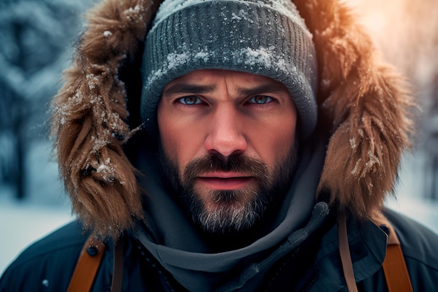 Retrato de um homem bonito em roupas quentes de inverno Conceito de inverno e frio