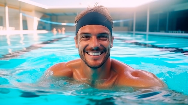 Foto retrato de um homem bonito na piscina