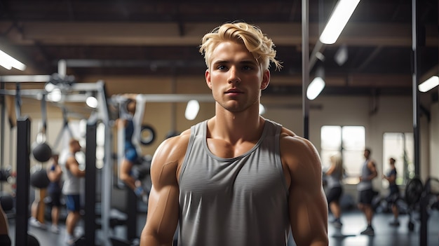 Retrato de um homem bonito olhando para longe no ginásio