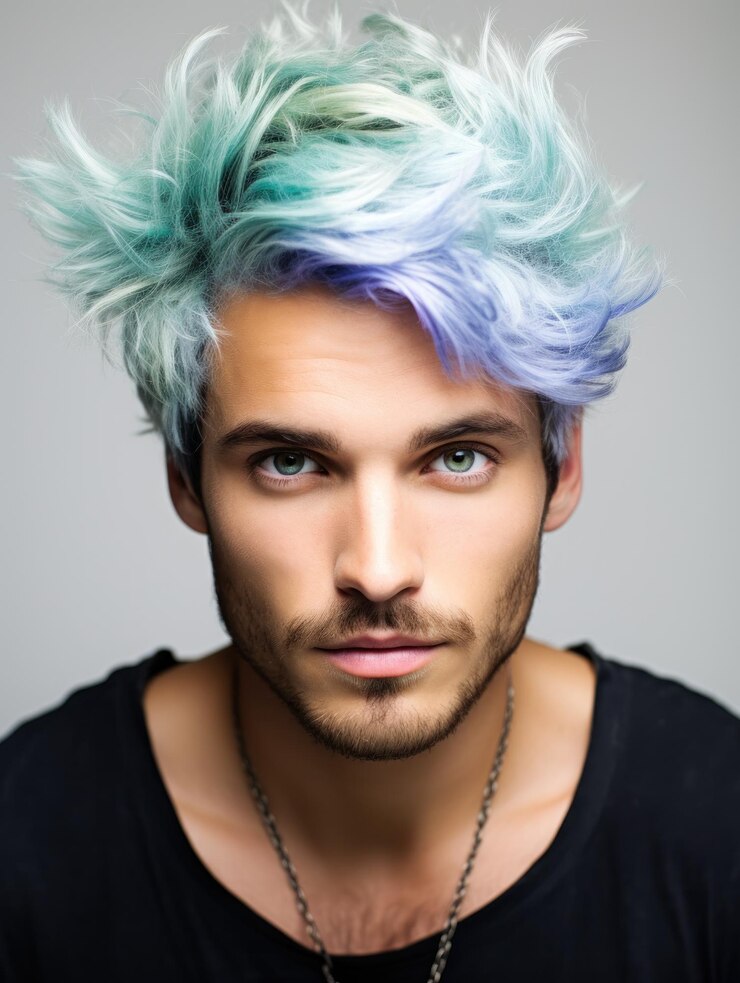Foto retrato de um homem bonito rosto natural e limpo costumístico vista de perto cabelos coloridos